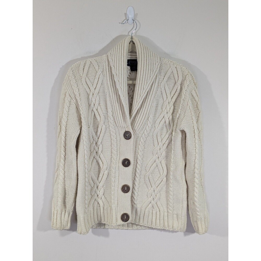 Peregrine Fisherman Aran Wool Knit Shawl Collar Cardigan Made England Sz M Ivory